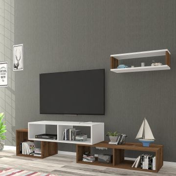 Set de meuble TV et étagère murale Malvik panneau de particules 170 x 30 x 42 cm blanc effet noyer [en.casa]