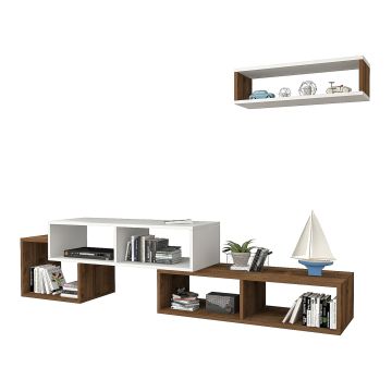 Set de meuble TV et étagère murale Malvik panneau de particules 170 x 30 x 42 cm blanc effet noyer [en.casa]