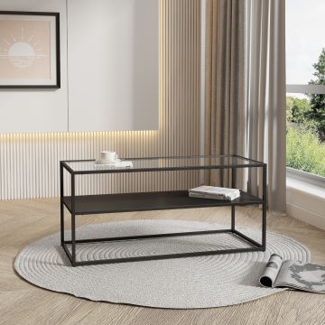 Table basse Solund avec étagère acier verre trempé 102 x 43 x 46 cm noir mat [en.casa]