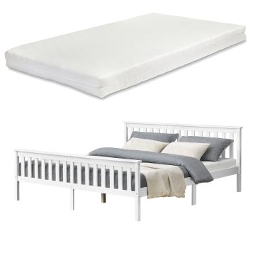 Cadre de Lit Double Breda en Pin avec Matelas à Mousse à Froid 180 x 200 cm Blanc Mat Laqué [en.casa]