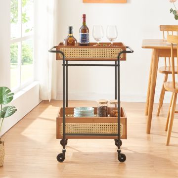 Chariot de service Tervola 81 x 61 x 39 cm noir effet bois aspect rotin [en.casa]