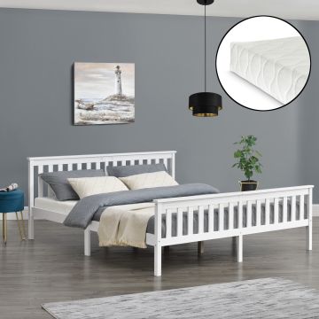 Cadre de Lit Double Breda en Pin avec Matelas à Mousse à Froid 180 x 200 cm Blanc Mat Laqué [en.casa]