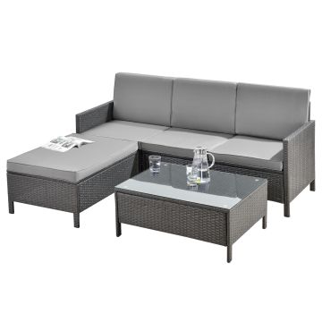 Salon de Jardin Design Rattan 4 Places Acier Polyrotin Verre Polyester Gris [en.casa]