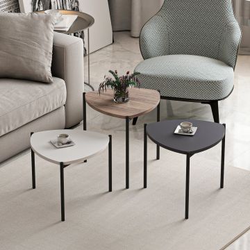 Set de 3 tables d'appoint Glamsbjerg gigognes triangulaires blanc / anthracite / effet chêne [en.casa]