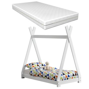 Lit Tipi pour Enfants avec Matelas Orthopédique Onejda Blanc 70 x 140 cm [en.casa]