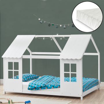 Lit cabane Tostedt pour enfant avec matelas sommier à lattes bois de pin blanc [en.casa] 