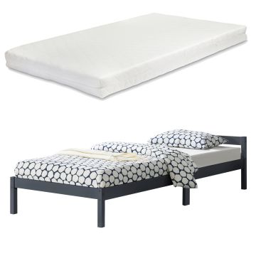 Cadre de Lit Simple Nakkila Pin avec Matelas à Mousse à Froid 90 x 200 cm Gris Foncé [en.casa]