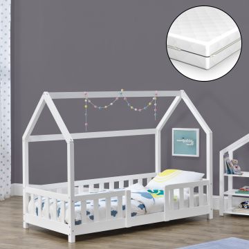 Lit d'enfant Forme Maison Sisimiut avec Matelas Orthopédique 140 x 70 cm Blanc [en.casa]