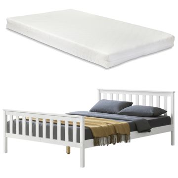 [en.casa] Lit Double pour Adulte Cadre en Pin avec Matela en Mousse Froid et Sommier à Lattes 140 x 200 cm Blanc