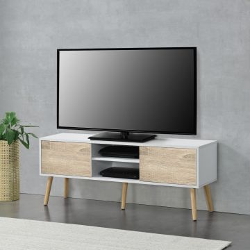 Meuble TV Eskilstuna 120 x 30 x 47 cm Blanc Effet Chêne [en.casa]