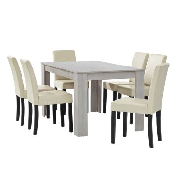 Table à manger chêne blanc 140 x 90 cm avec 6 chaises crème [en.casa]