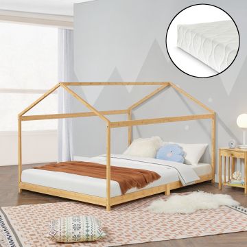 Lit cabane Vindafjord pour enfant avec matelas sommier à lattes bambou naturel [en.casa]