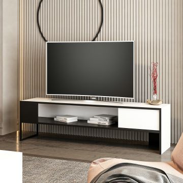 Meuble TV Faaborg à porte 42 x 150 x 35 cm blanc / noir [en.casa]