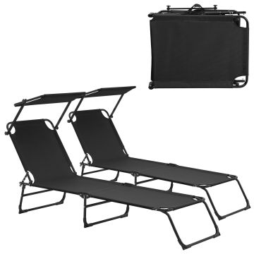 [casa.pro] Transats [2er Set] pliable 190cm noir avec toiture pare-soleil de relax acier