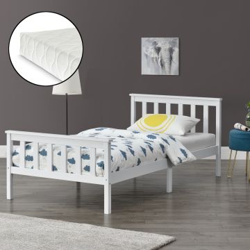 Cadre de Lit Simple Breda en Pin avec Matelas à Mousse à Froid 90 x 200 cm Blanc Mat Laqué [en.casa]