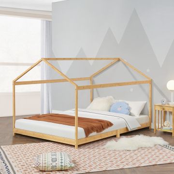 Lit cabane Vindafjord pour enfant 160 x 200 cm forme maison bambou naturel [en.casa]