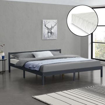 Cadre de Lit Double Nakkila Pin avec Matelas à Mousse à Froid 180 x 200 cm Gris Foncé [en.casa]