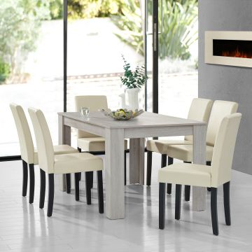 Table à manger chêne blanc 140 x 90 cm avec 6 chaises crème [en.casa]