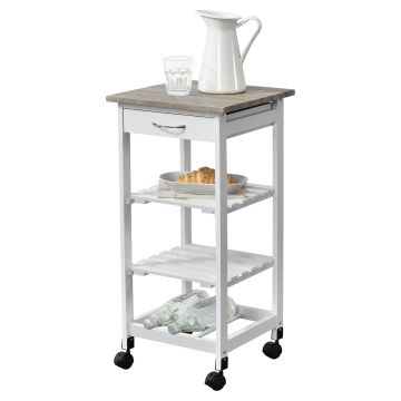 Chariot de Service Chariot de Cuisine Chariot Roulant Desserte avec Tiroir Roulettes Vérouillables MDF Plastique 76 x 37 x 37 cm Bois Naturel Blanc [en.casa]