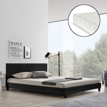 Lit capitonné de Corium avec matelas (160x200cm)(noir)(mousse froide) - avec cuir véritable / housse en cuir synthétique / moderne / avec lattes /