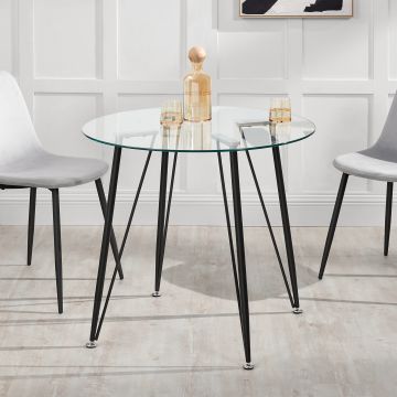 Table ronde pour salle à manger Huittinen verre trempé acier laqué 72 x 80 cm transparent noir [en.casa]