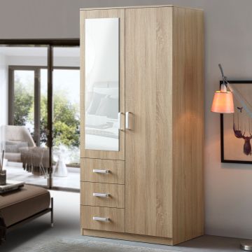 Armoire de chambre Bodolz 3 tiroirs + miroir MDF 176 x 80 x 52 cm effet chêne sonoma [en.casa]