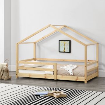 Lit d'Enfant Maison avec Barreaux de Sécurité Knätten Pin 90 x 200 cm Bois Naturel [en.casa]