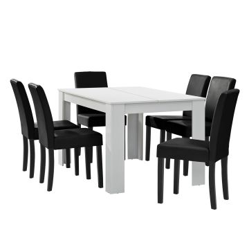 Table à manger blanc mat 140 x 90 cm avec 6 chaises noir [en.casa]