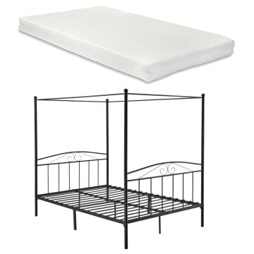 Cadre de Lit Double Lathi à Baldaquin Matelas Plusieurs tailles Noir Mat [en.casa]