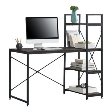 Bureau avec Etagères Stavanger 122 x 120 x 64 cm Effet Noyer et Noir [en.casa]