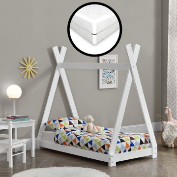 Lit Tipi pour Enfants avec Matelas Orthopédique Onejda Blanc 70 x 140 cm [en.casa]