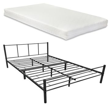 Cadre de Lit en Métal Laos avec Matelas Mousse à Froid 160 x 200 cm Noir Mat [en.casa]