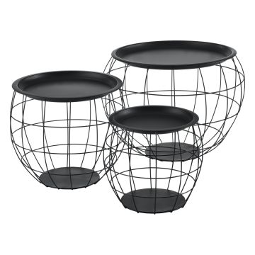 Kit de 3 Tables Gigognes Neman Paniers Métal Plusieurs Tailles Noir [en.casa]