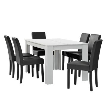 Table à manger blanc mat 140 x 90 cm avec 6 chaises gris foncé [en.casa]