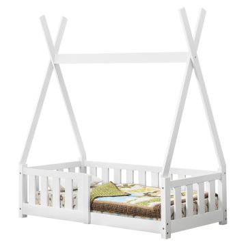 Lit Tipi pour Enfants Helsingborg avec Grille de Sécurité Pin 140 x 70 cm Blanc [en.casa]