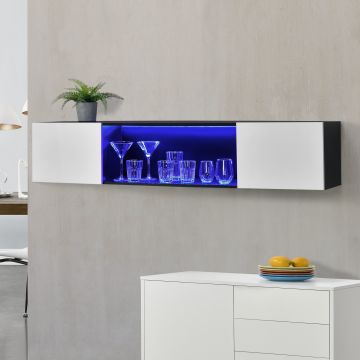 Étagère Murale Thabong avec Éclairage LED Bleu 150 x 30 x 30 cm Noir Blanc Brillant [en.casa]