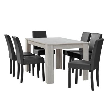 Table à manger chêne blanc 140 x 90 cm avec 6 chaises gris foncé [en.casa]