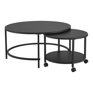 Lot de 2 tables basses Værøy rondes gigognes à roulettes et espace de rangement noir [en.casa]