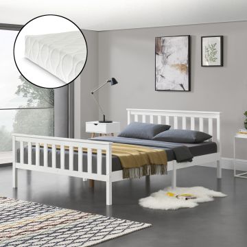 Cadre de Lit Double Breda en Pin avec Matelas à Mousse à Froid 160 x 200 cm Blanc Mat Laqué [en.casa]