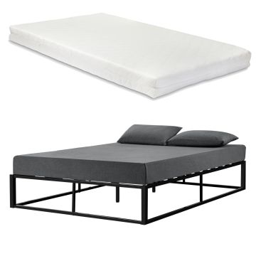 Cadre de lit Kreta avec Matelas en Métal Plusieurs tailles Noir [en.casa]