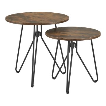 Lot de 2 tables basses rondes Väsby pieds épingle à cheveux effet bois foncé [en.casa]