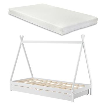 Lit Tipi Gigogne Cree avec Matelas Mousse à Froid 200 x 90 cm Blanc [en.casa]