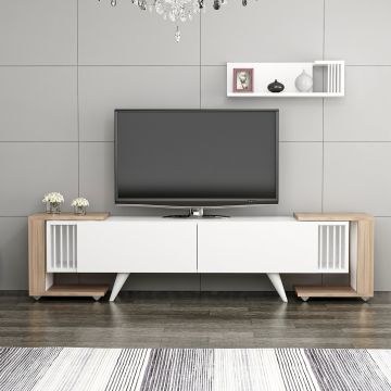 Meuble TV Glostrup avec 2 tables d'appoint et une étagère murale effet chêne / blanc [en.casa]