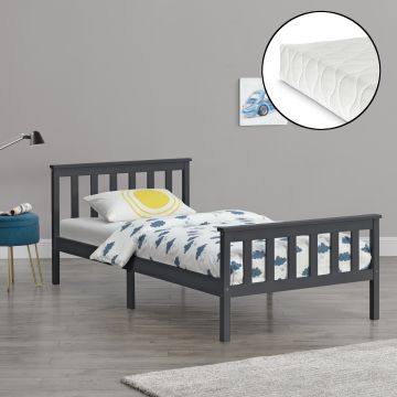 Cadre de Lit Simple Breda en Pin avec Matelas à Mousse à Froid 90 x 200 cm Gris Foncé Mat Laqué [en.casa]