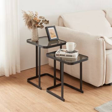 Set de 2 tables basses gigognes Laxå de tailles différentes verre trempé de 4 mm métal noir [en.casa]