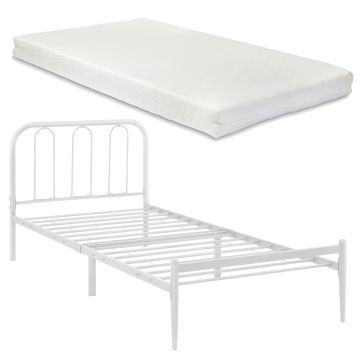 Cadre de Lit Simple en Métal Hanko avec Matelas 90 x 200 cm Blanc Mat [en.casa] [neu.haus]