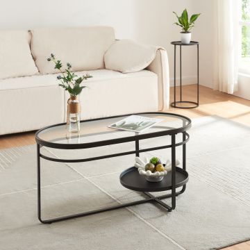 Table basse Kumla avec plateau ovale et étagère métal verre trempé 90 x 43 x 46 cm noir [en.casa]