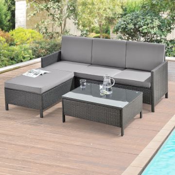 Salon de Jardin Design Rattan 4 Places Acier Polyrotin Verre Polyester Gris [en.casa]