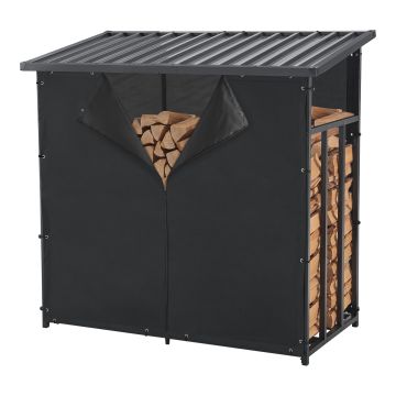 casa.pro Abri-Bûches Couvert avec Housse de Protection Support Bois de Chauffage Range-Bûches pour Stockage Extérieur Acier Galvanisé Laqué Polyester Métal Noir