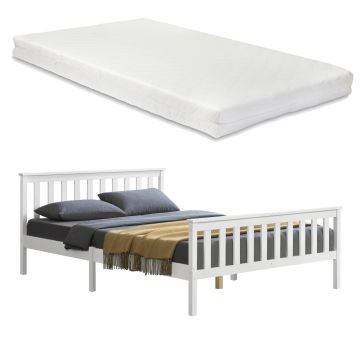 Cadre de Lit Double Breda en Pin avec Matelas à Mousse à Froid 140 x 200 cm Blanc Mat Laqué [en.casa]